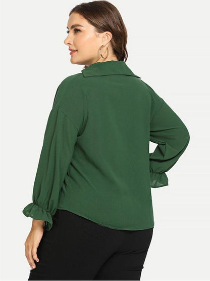 V-neck Solid Color Lantern Sleeve Blouse