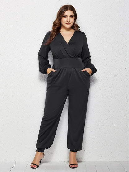 V-neck Wrap Solid Color Jumpsuits