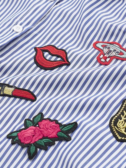 Badges Details Striped Lapel Collar