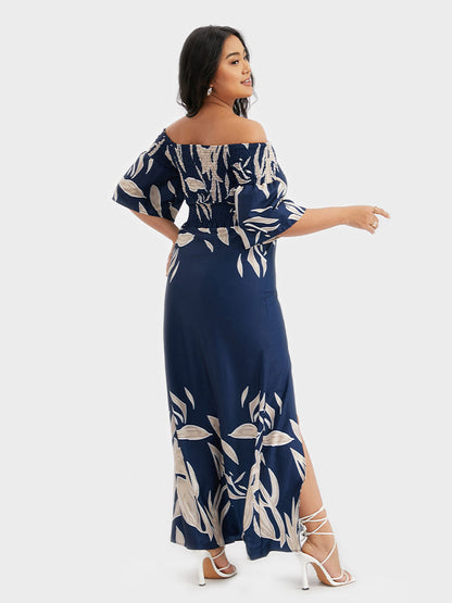 Floral Printing Split Off Shoulder Dress