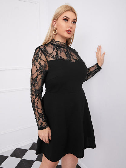 Mock-Neck Lace Yoke and Sleeve Dress