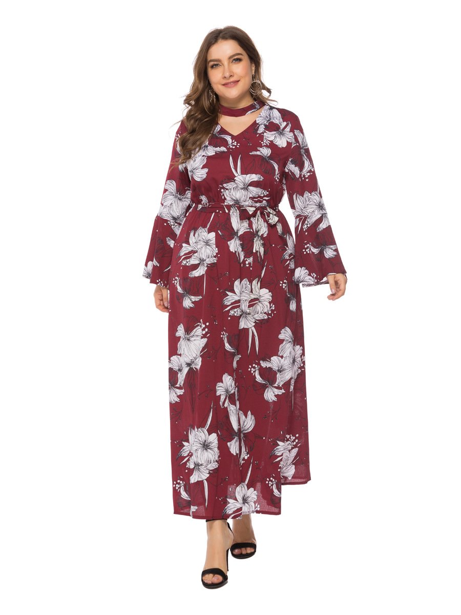 Floral Printed Hollow Out Flared Sleeve Maxi Dress