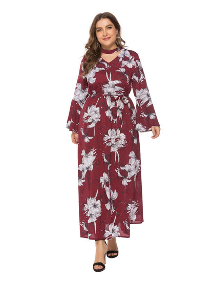 Floral Printed Hollow Out Flared Sleeve Maxi Dress