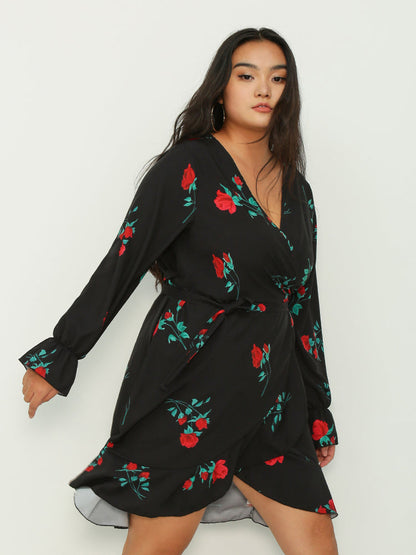 Irregular Hem Ruffled Floral Dress