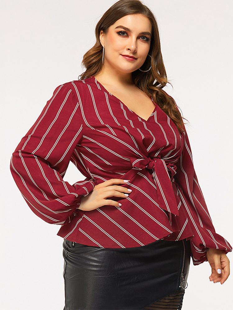 Striped Knot V-neck Lantern Sleeve Blouse