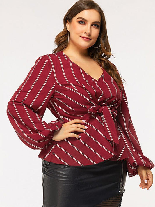 Striped Knot V-neck Lantern Sleeve Blouse