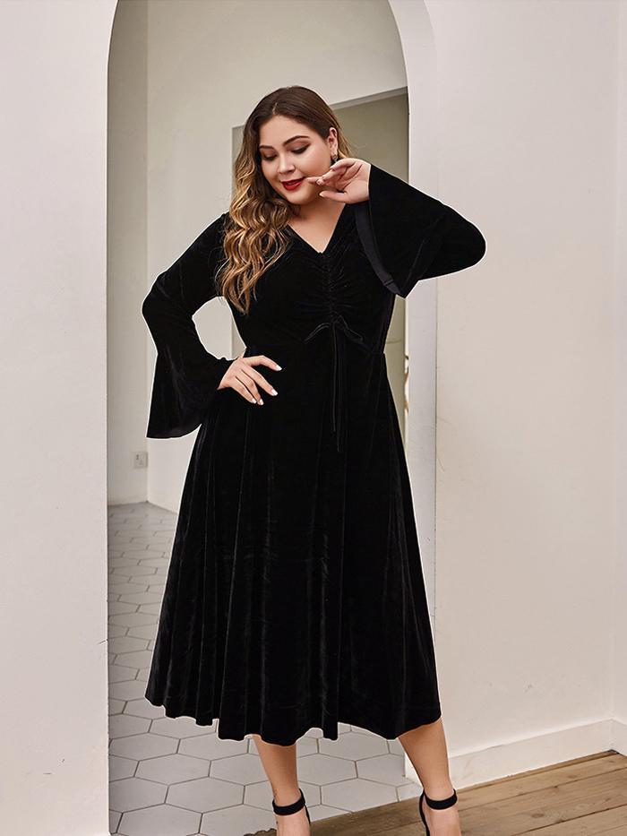 Velvet Pleated Flared Sleeves Dress