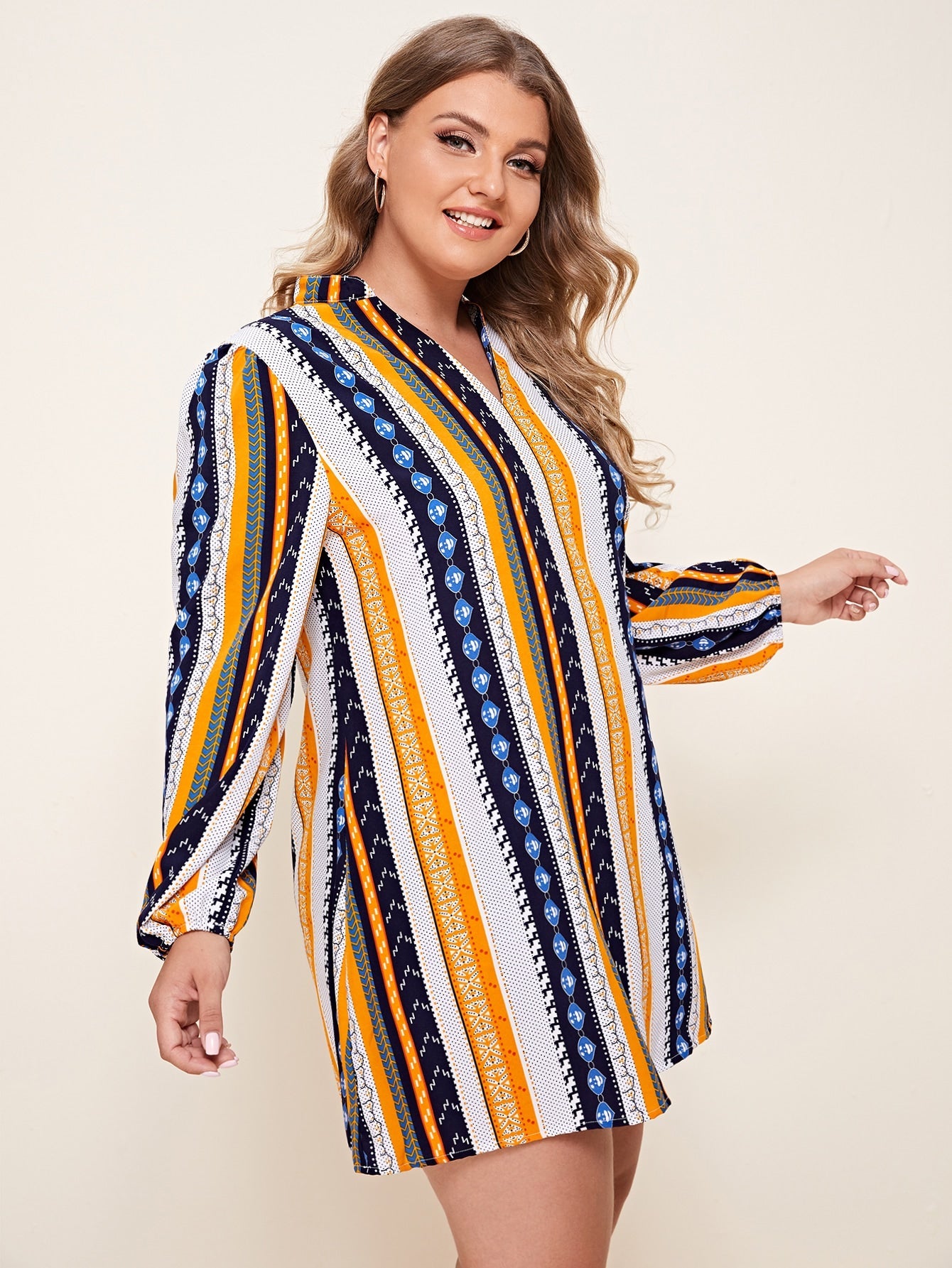 Notched Neck Colorful Stripe Tunic Dress