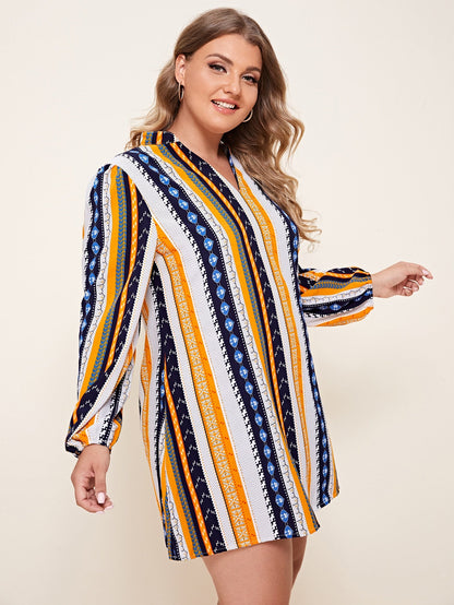 Notched Neck Colorful Stripe Tunic Dress