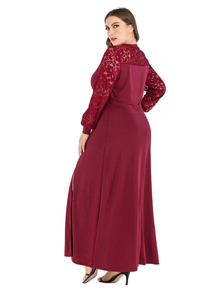 Lace Neckline Split Maxi Dress