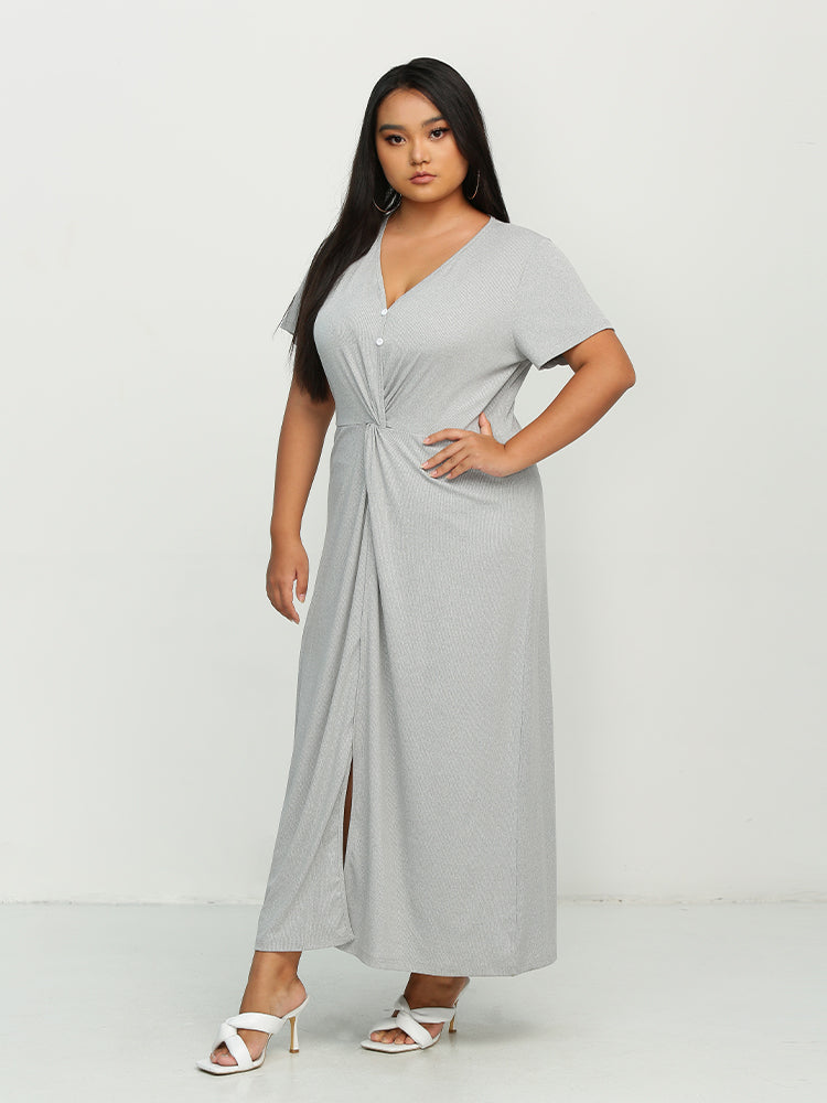 Twist Front Button Short Sleeve Dress