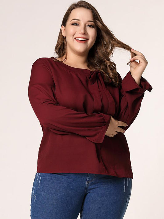 Bow-knot Round Neck Solid Color Blouse