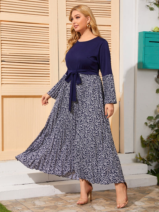 Ditsy Floral Belted Pleated Hem Dress