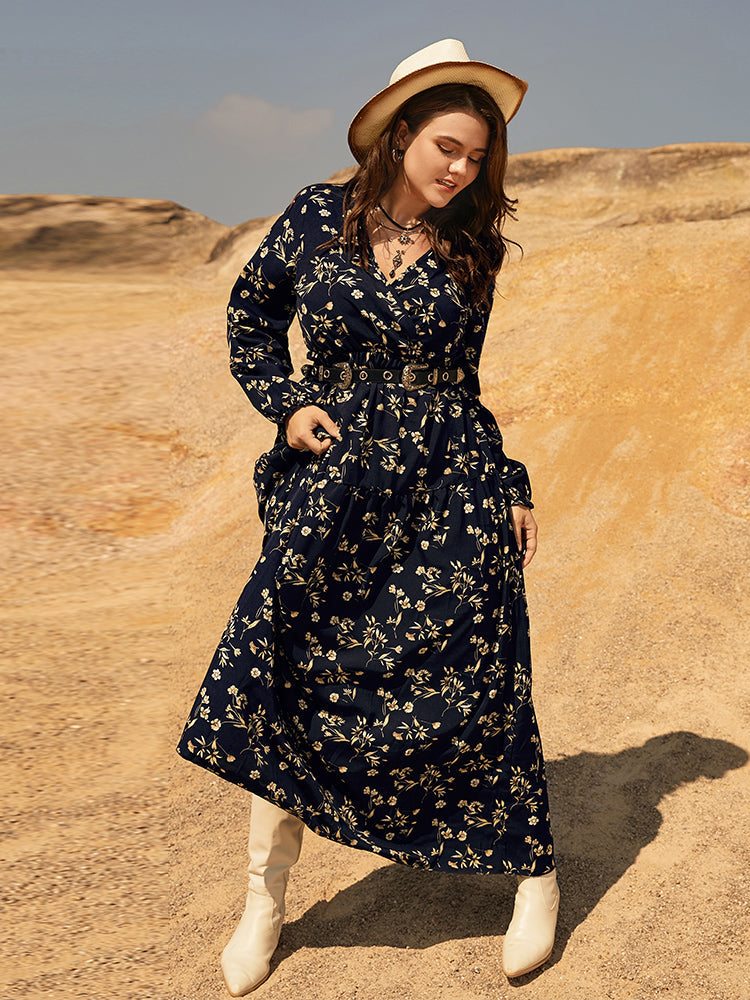 Ditsy Floral Surplice Neck Dress Without Belt