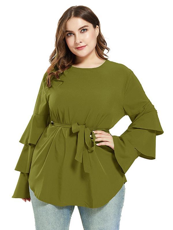 Ruffle Sleeve Belt Solid Blouse