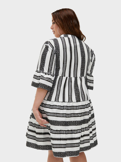 Shirred Geo Print V Neck Loose Dress