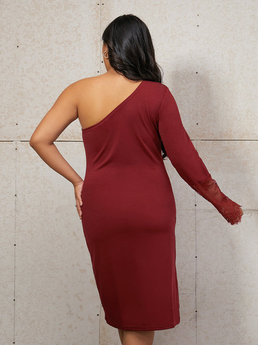 One Shoulder Contrast Lace Split Dress