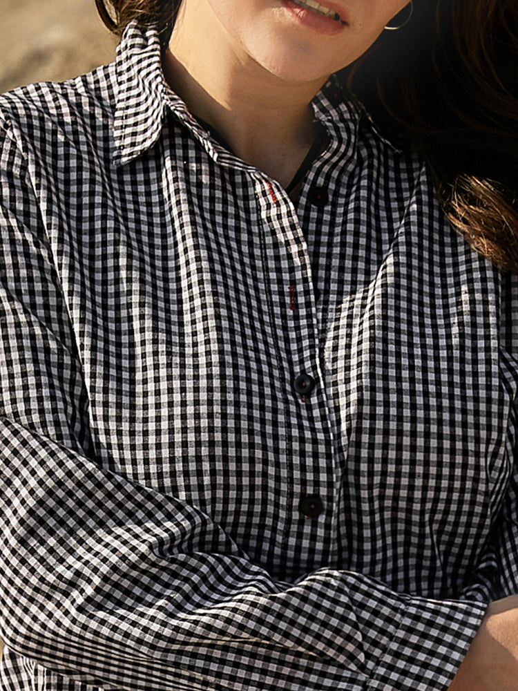 Gingham Half Button Belted Shirt Dress