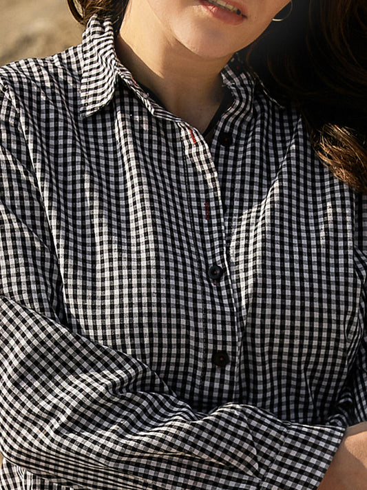 Gingham Half Button Belted Shirt Dress