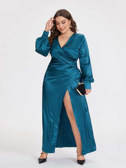 High Split Wrap V-neck Lantern Sleeve Dress