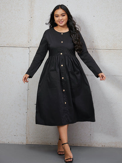 Pocket Button Front A Line Dress
