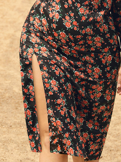 Square Neck Ditsy Floral Split  Dress