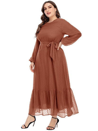 Dot Mesh Belt Round Neck Maxi Dress