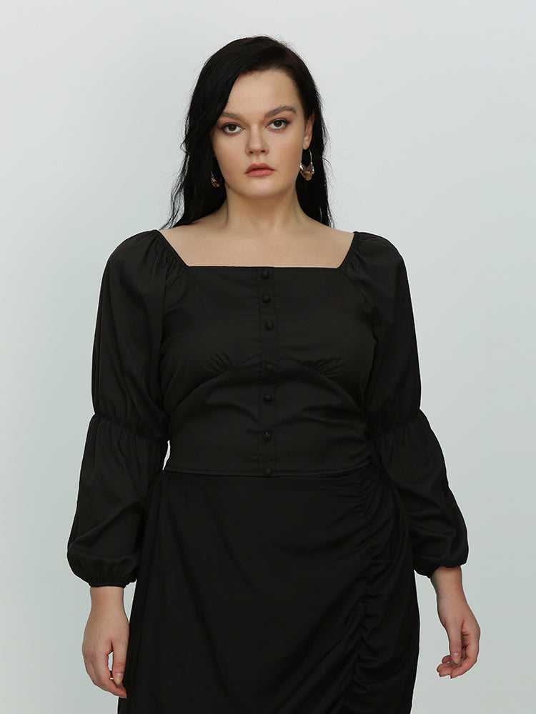 Irregular Ruffle Hem Lantern Sleeve Blouse