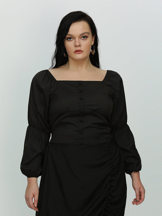 Irregular Ruffle Hem Lantern Sleeve Blouse