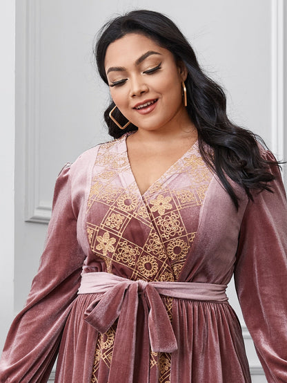 Floral & Argyle Embroidered Belt Velvet A-line Dress