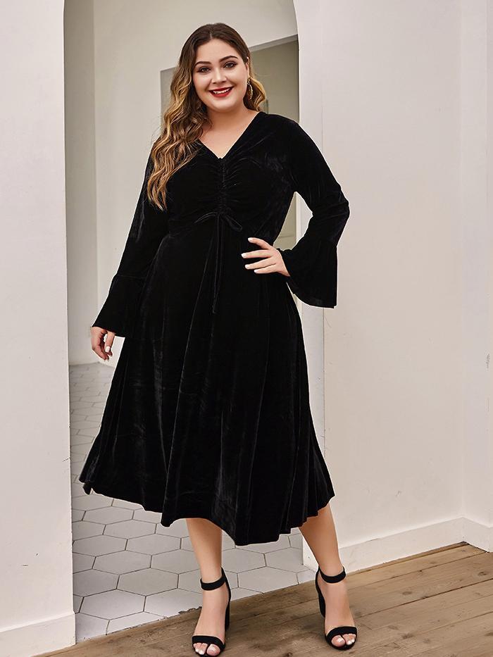 Velvet Pleated Flared Sleeves Dress