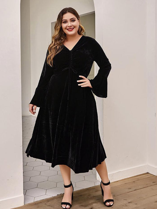 Velvet Pleated Flared Sleeves Dress