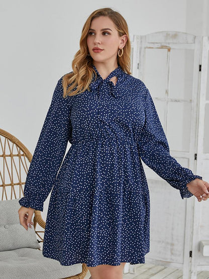 Dot Printed Cravat Pleated Dress