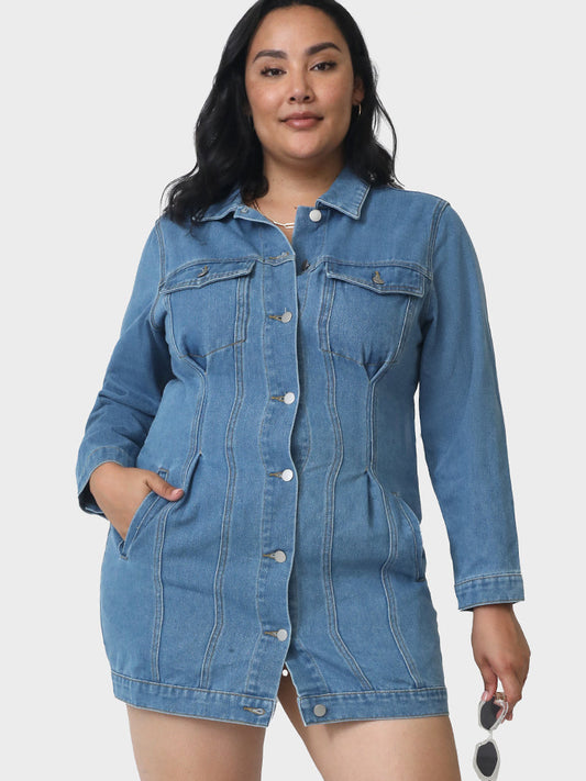 Pocket Lapel Collar Denim Dress