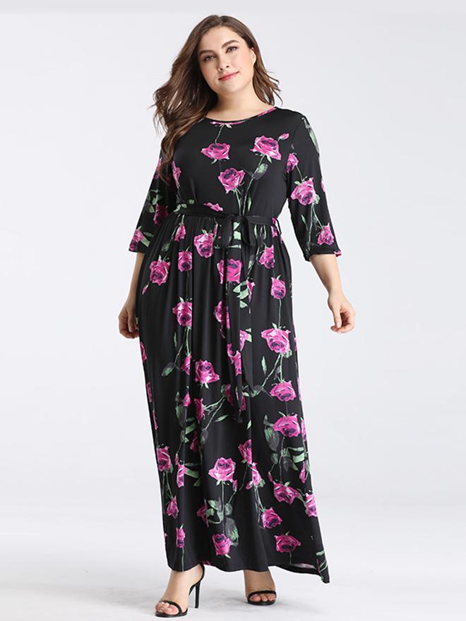 Floral Printed Belt Maxi Dress
