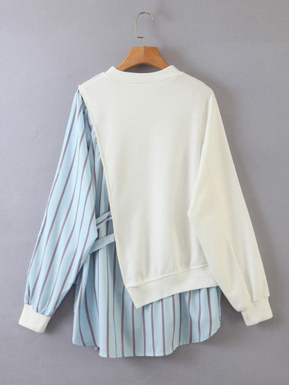 Contrast Striped Panel Knot Side Dip Hem Sweatshirt