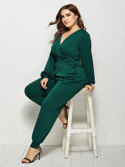 V-neck Wrap Solid Color Jumpsuits