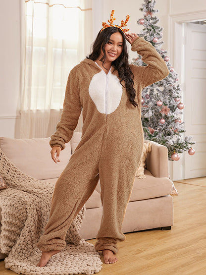 3D Antlers Design Zipper Teddy Jumpsuit