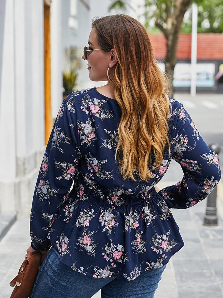 Floral Printed Shirred Waist V-neck Blouse