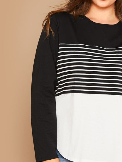 Two Tone Curved Hem Striped Tee