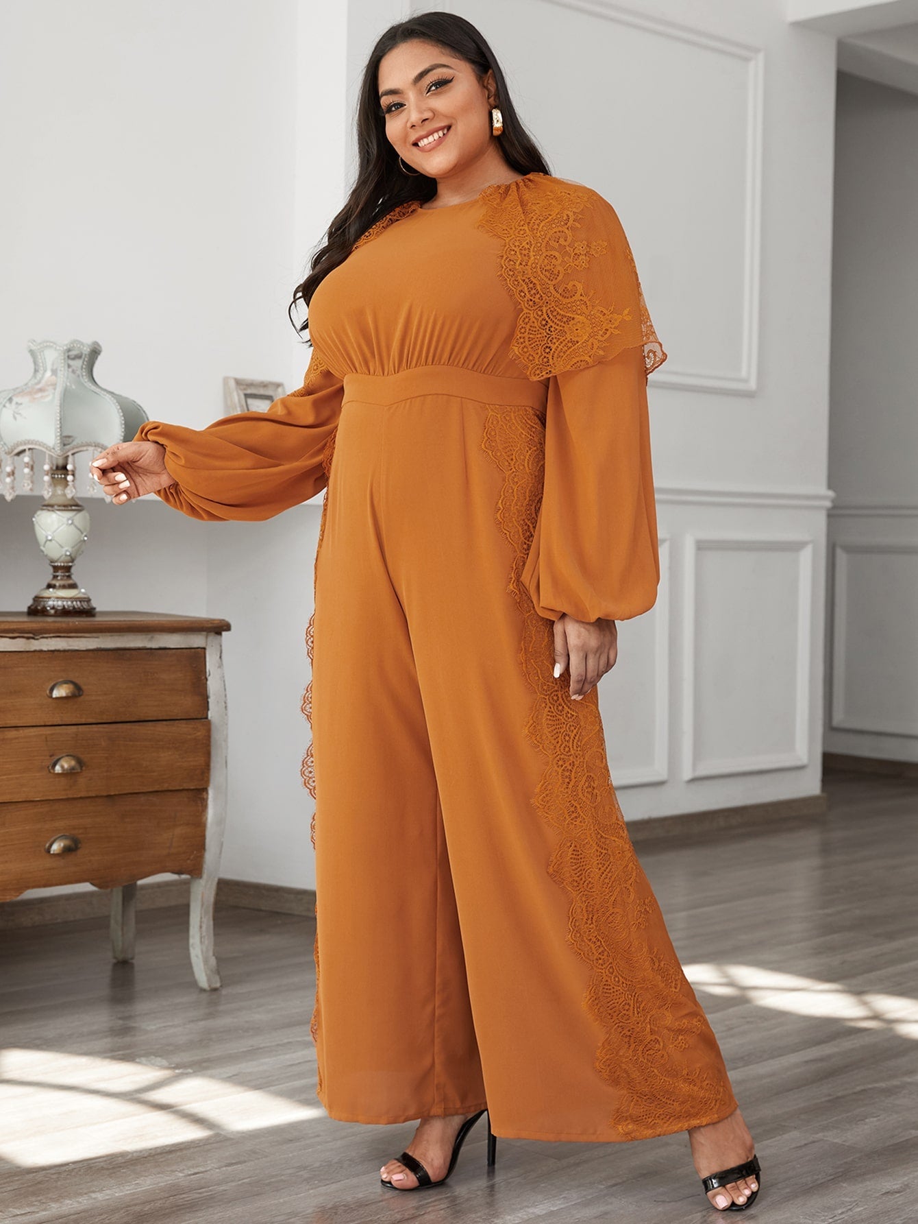 Lantern Sleeve Lace Panel Wide Leg Jumpsuit