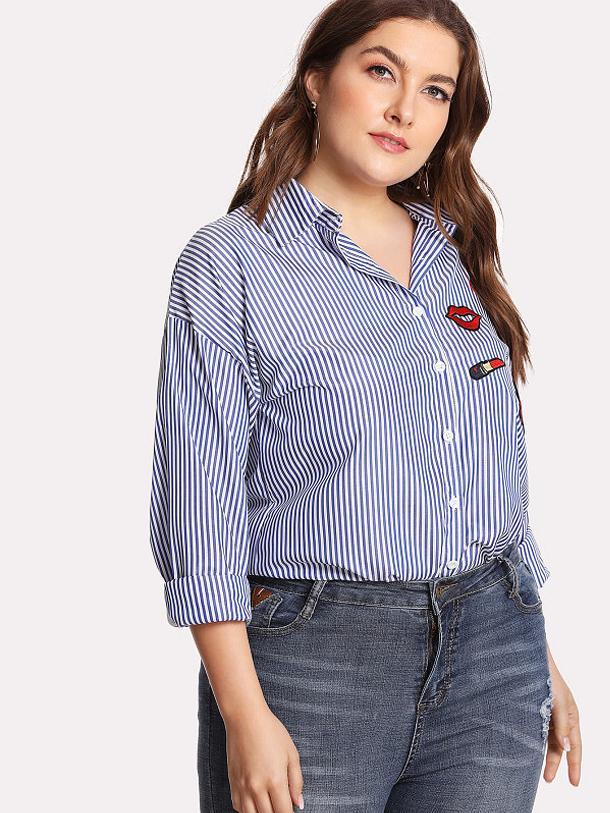 Badges Details Striped Lapel Collar