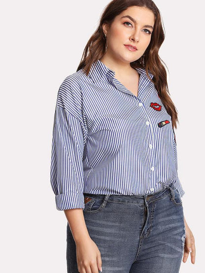 Badges Details Striped Lapel Collar