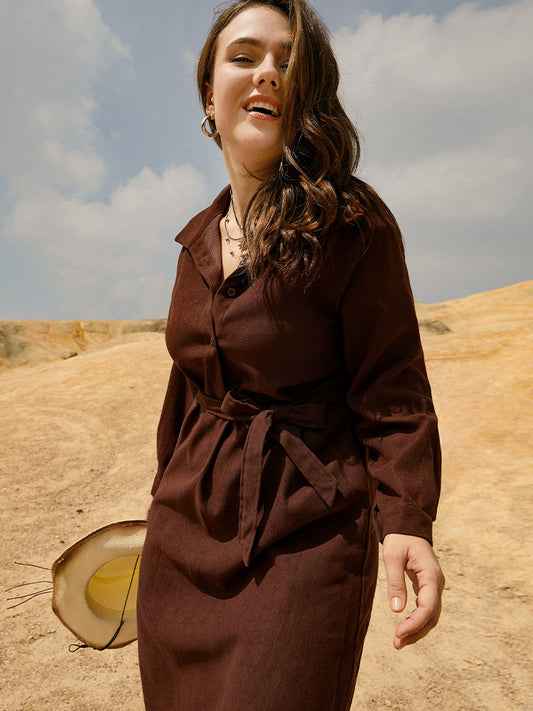 Solid Color Belted Pocket Shirt Dress