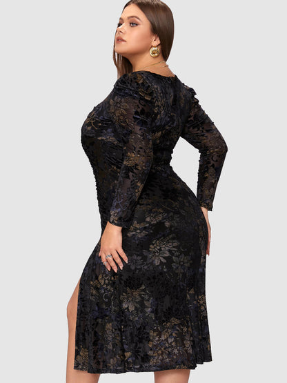 Ruched Foral Print Split Dress