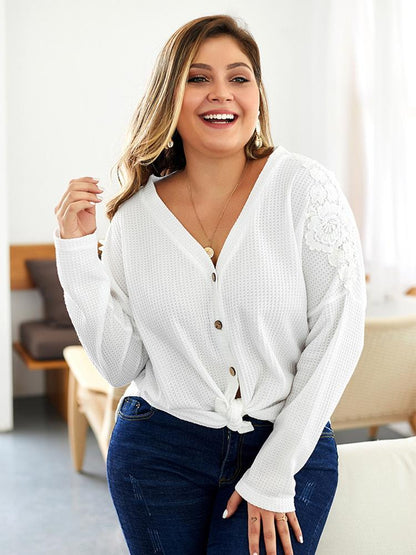 Waffle V-neck Embroidery Knit Top