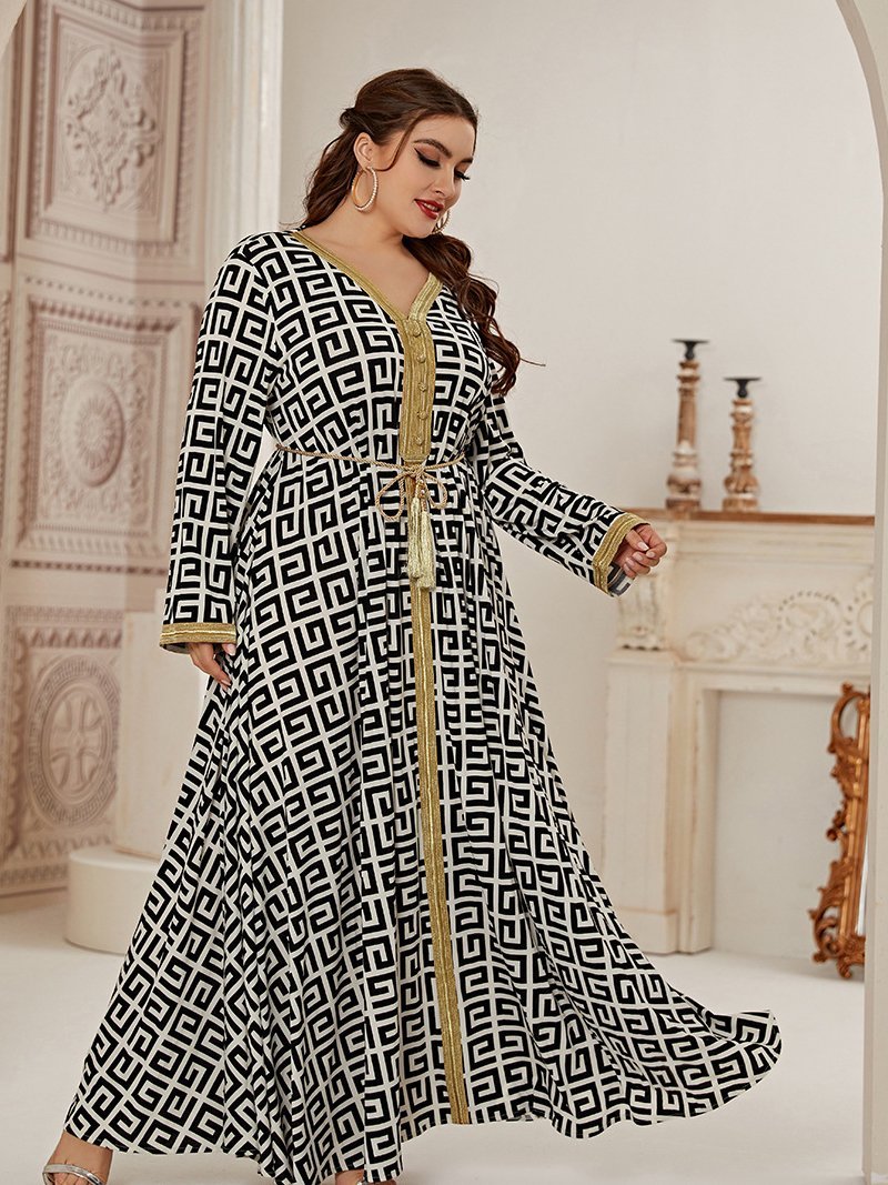 Printed Patchwork Belt V-neck Maxi Dress