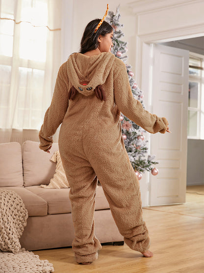 3D Antlers Design Zipper Teddy Jumpsuit