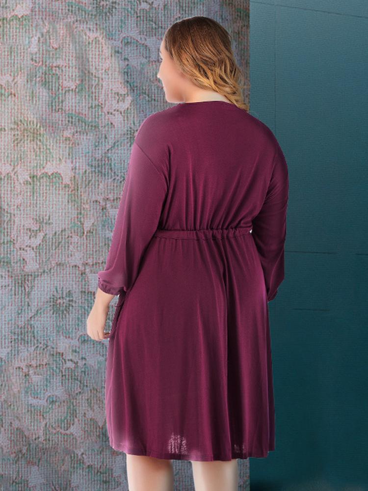 Solid Color V-neck Long Sleeve Midi Dress