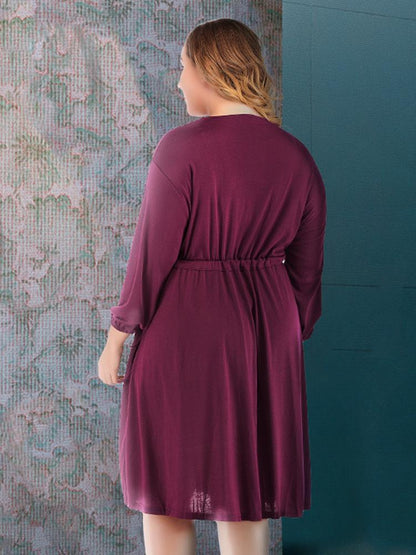 Solid Color V-neck Long Sleeve Midi Dress